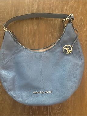 Michael Kors Slate Blue Pebbled Leather Hobo with Silver Logo Charm